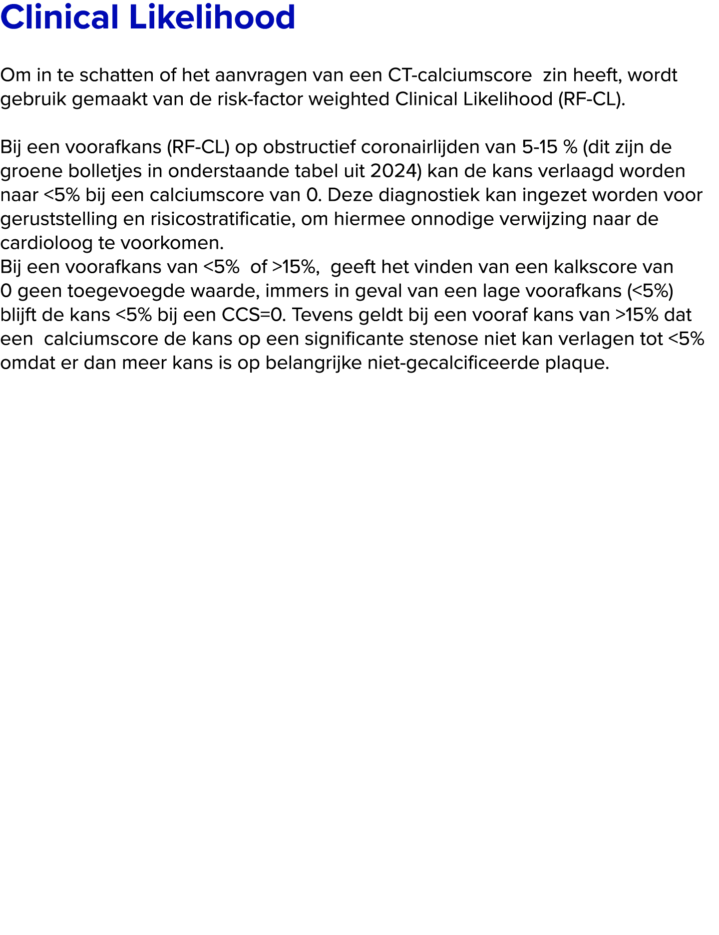 Clinical Likelihood Om in te schatten of het aanvragen van een CT calciumscore zin heeft, wordt gebruik gemaakt van ...